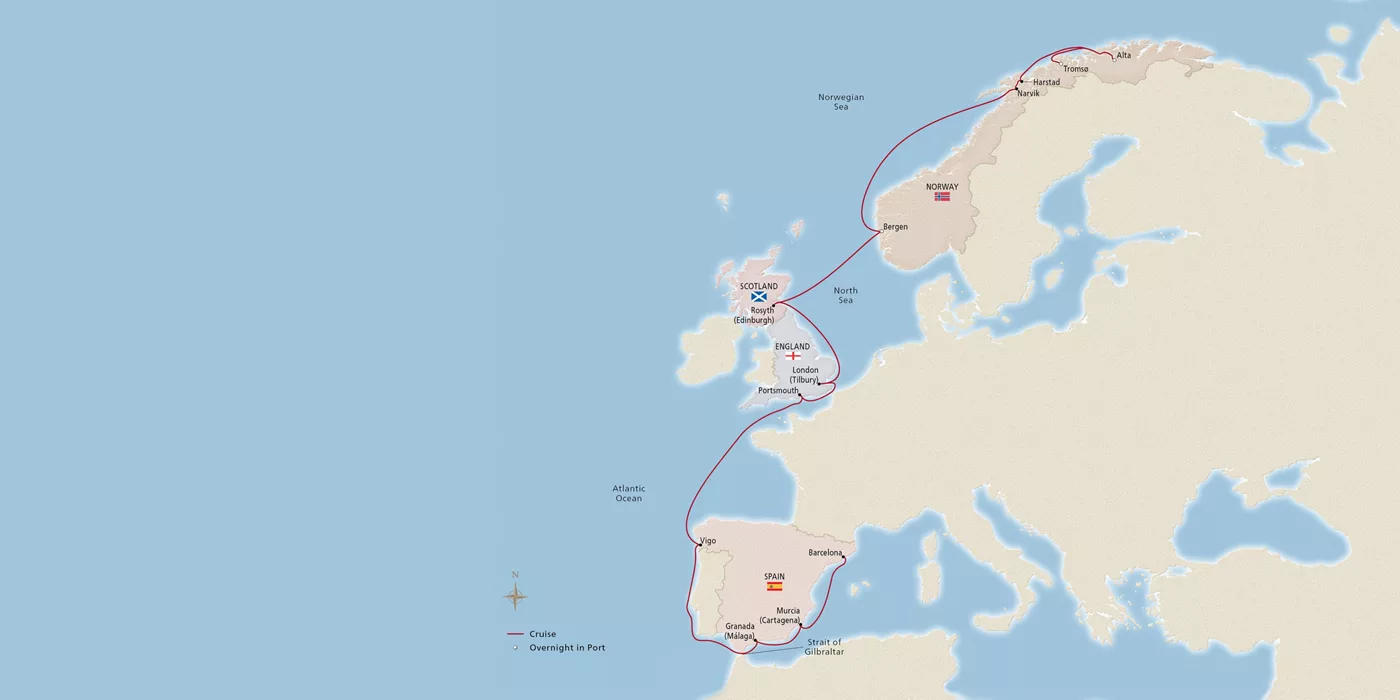 Viking Astrea NEW! From Iberia to the Northern Lights January 3–22, 2028 voyage OAS280103A official itinerary map