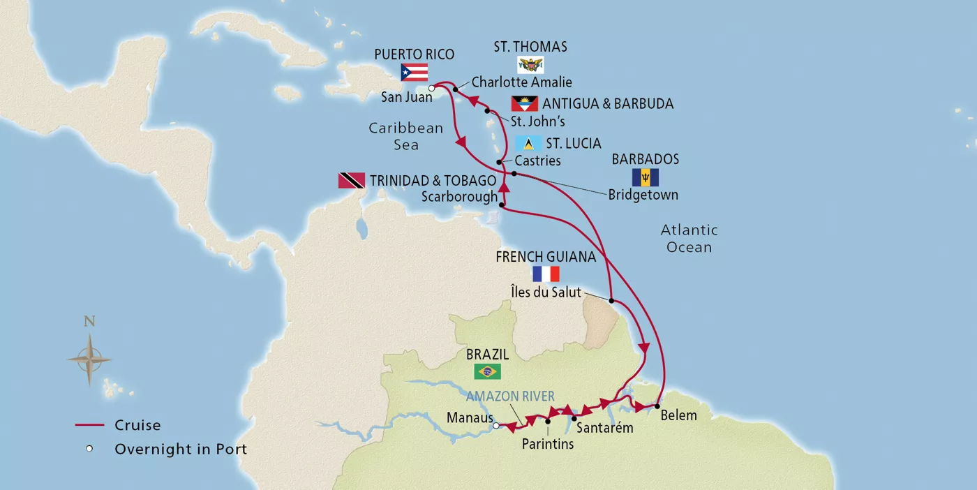 Viking Sea NEW! From the Caribbean to the Amazon February 8–March 1, 2029 voyage OSE290208 official itinerary map