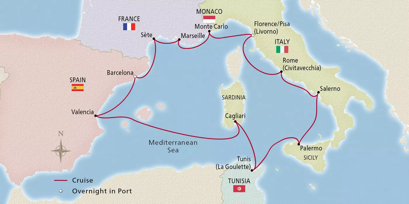 Viking Libra NEW! Gems of the Mediterranean April 13–27, 2029 voyage OLI290413A official itinerary map