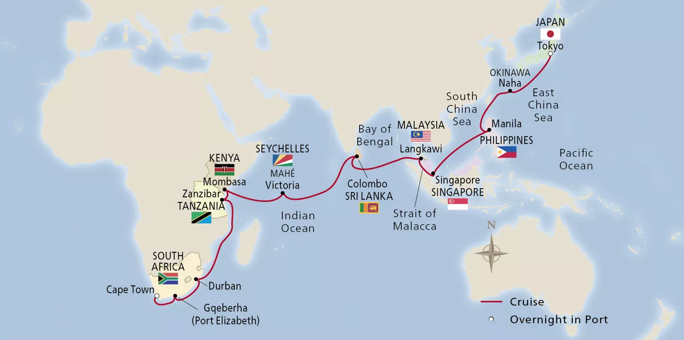 Viking Neptune NEW! Grand Africa to Asia Explorer February 2–March 9, 2028 voyage ONE280202 official itinerary map