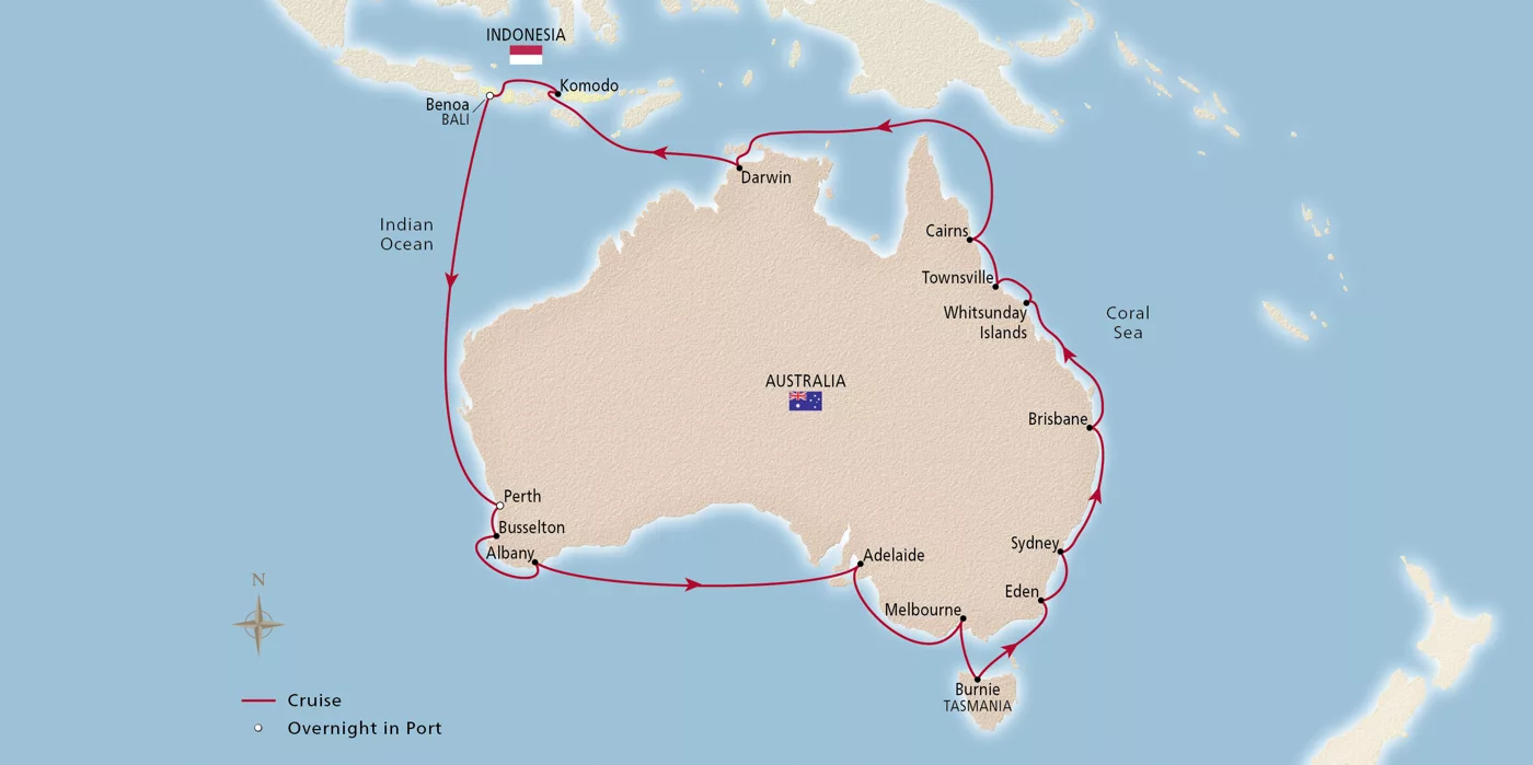 Viking Orion Grand Australia Circumnavigation December 11, 2026–January 11, 2027 voyage OOR261211 official itinerary map