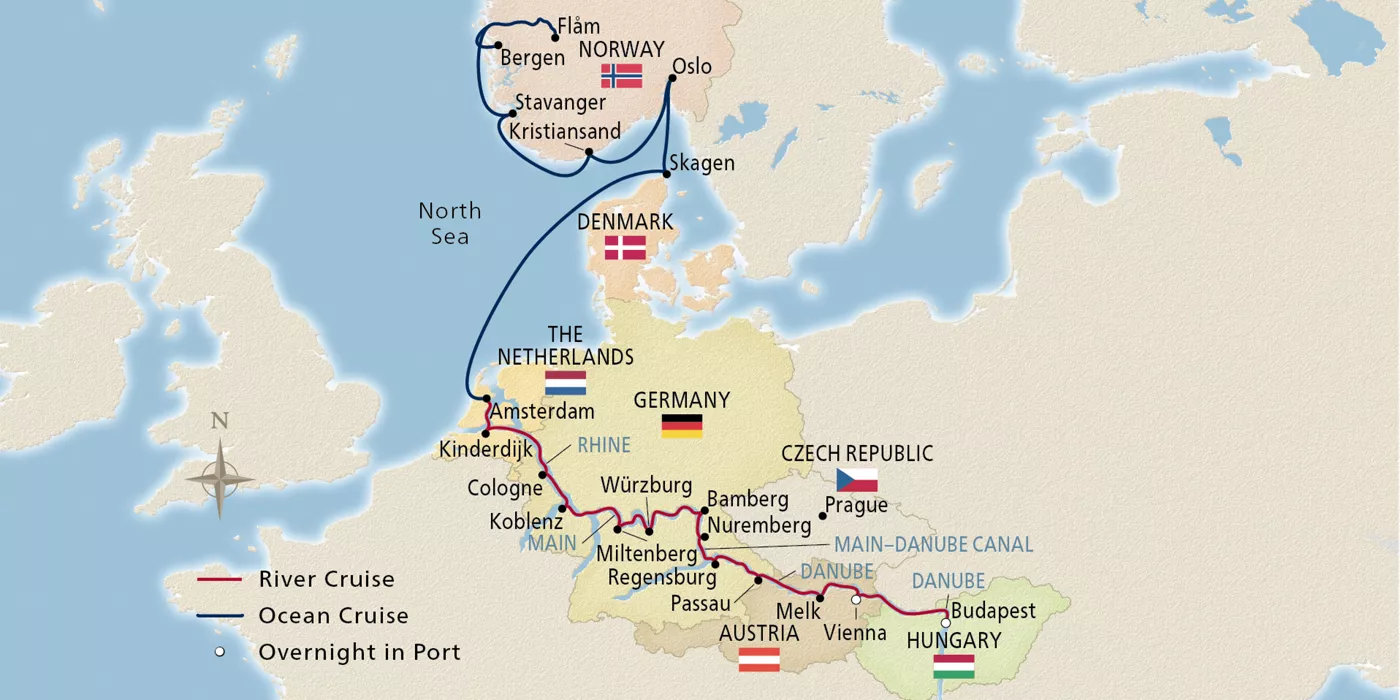 Viking Vela Grand European & Viking Fjords May 28–June 18, 2027 voyage OVL270528X official itinerary map