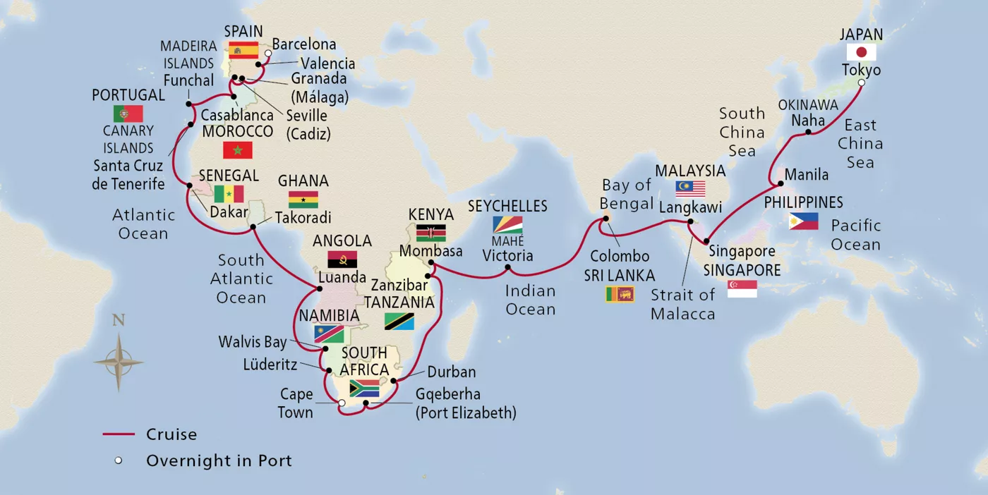 Viking Neptune NEW! Grand Iberia, Africa & Asia Passage January 5–March 9, 2028 voyage ONE280105A official itinerary map