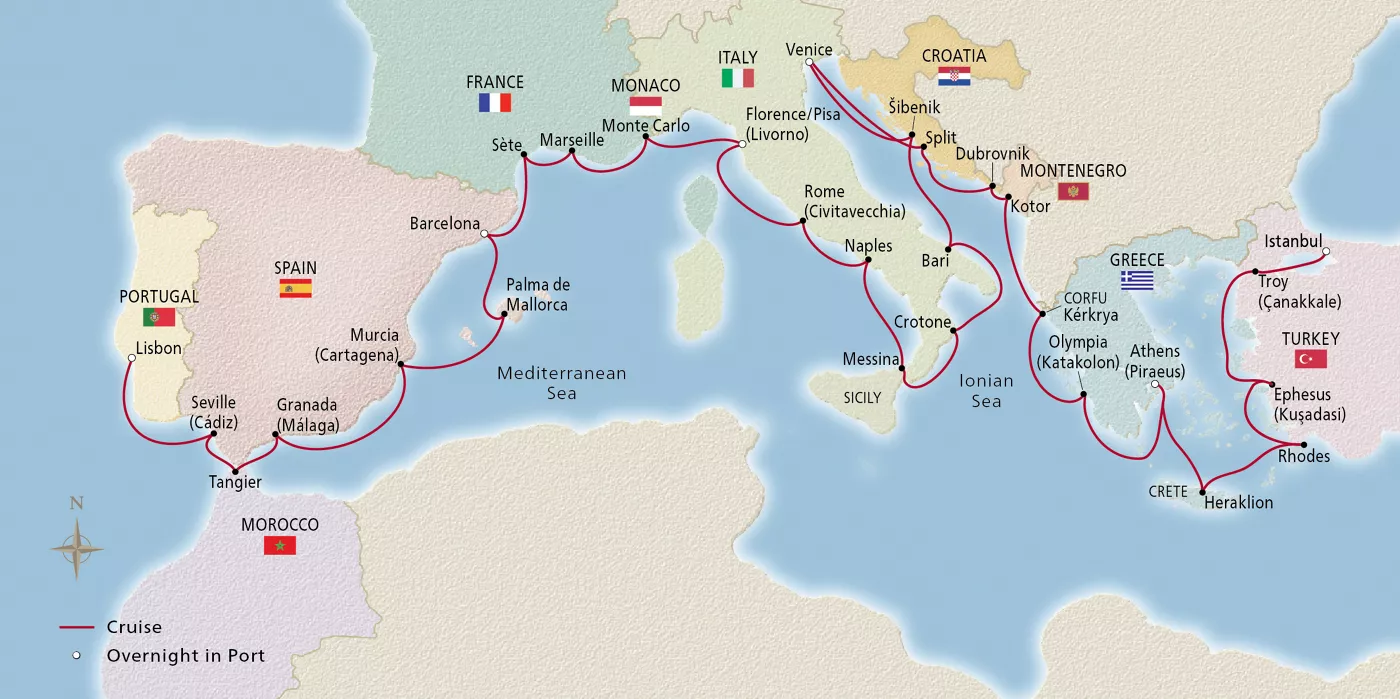 Viking Sky NEW! Grand Mediterranean Explorer March 9–April 13, 2028 voyage OSK280309D official itinerary map