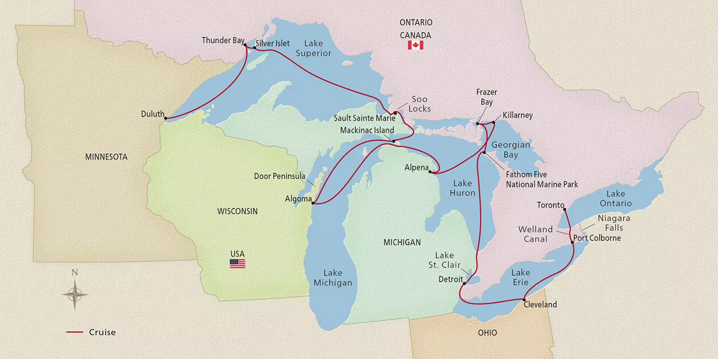 Viking Octantis Great Lakes Collection August 24–September 7, 2026 voyage XOC260824 official itinerary map