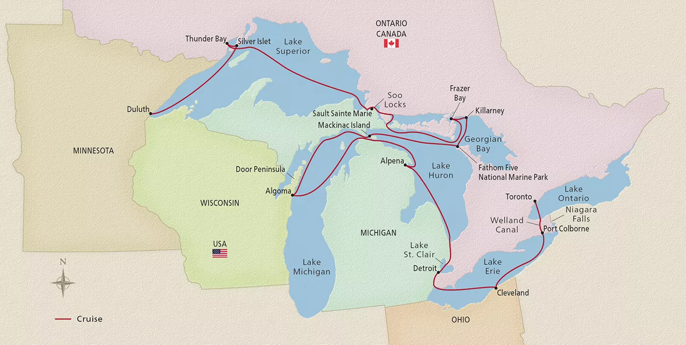 Viking Octantis Great Lakes Collection May 16–30, 2027 voyage XOC270516 official itinerary map