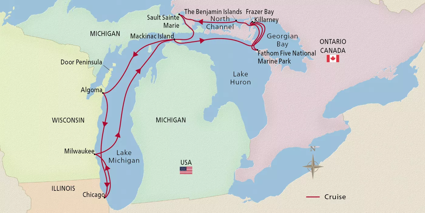 Viking Octantis Great Lakes Treasures September 23–October 2, 2026 voyage XOC260923 official itinerary map