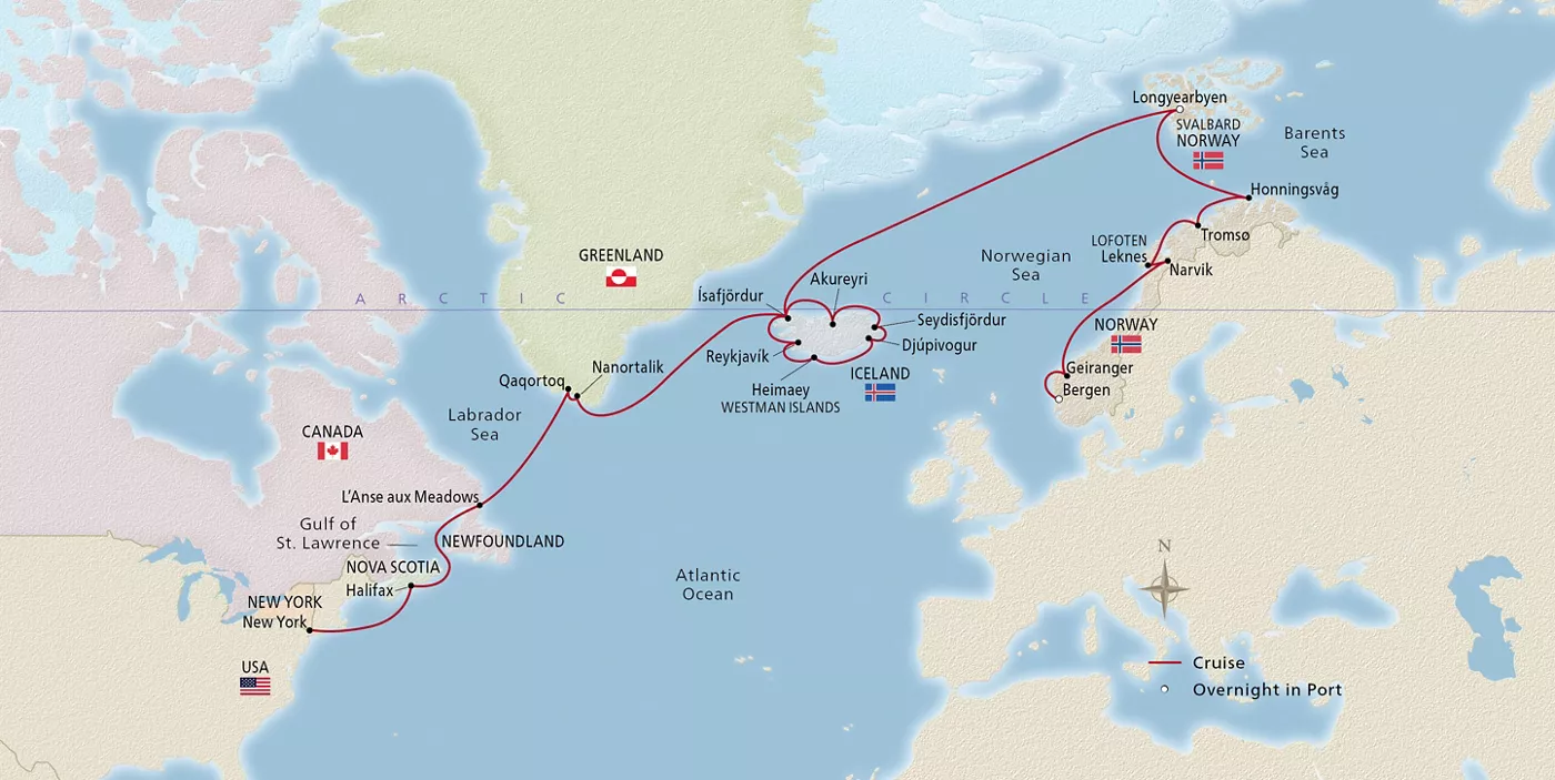 Viking Mira Greenland, Iceland, Norway & Beyond August 29–September 26, 2027 voyage OMI270829A official itinerary map