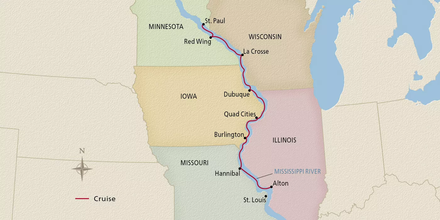 Viking Mississippi Heartland of America August 8–15, 2026 voyage MSP260808 official itinerary map