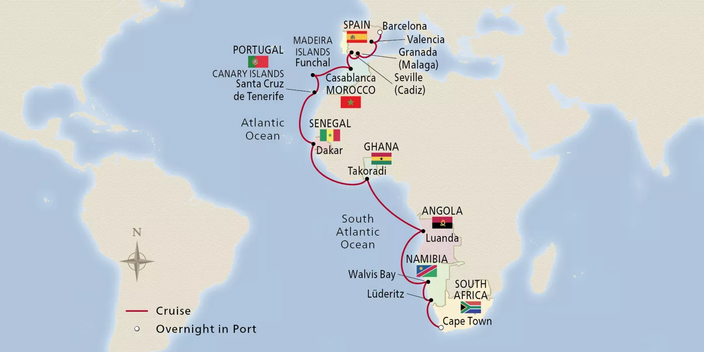 Viking Neptune NEW! Iberia & Africa's Atlantic Coast January 5–February 2, 2028 voyage ONE280105 official itinerary map
