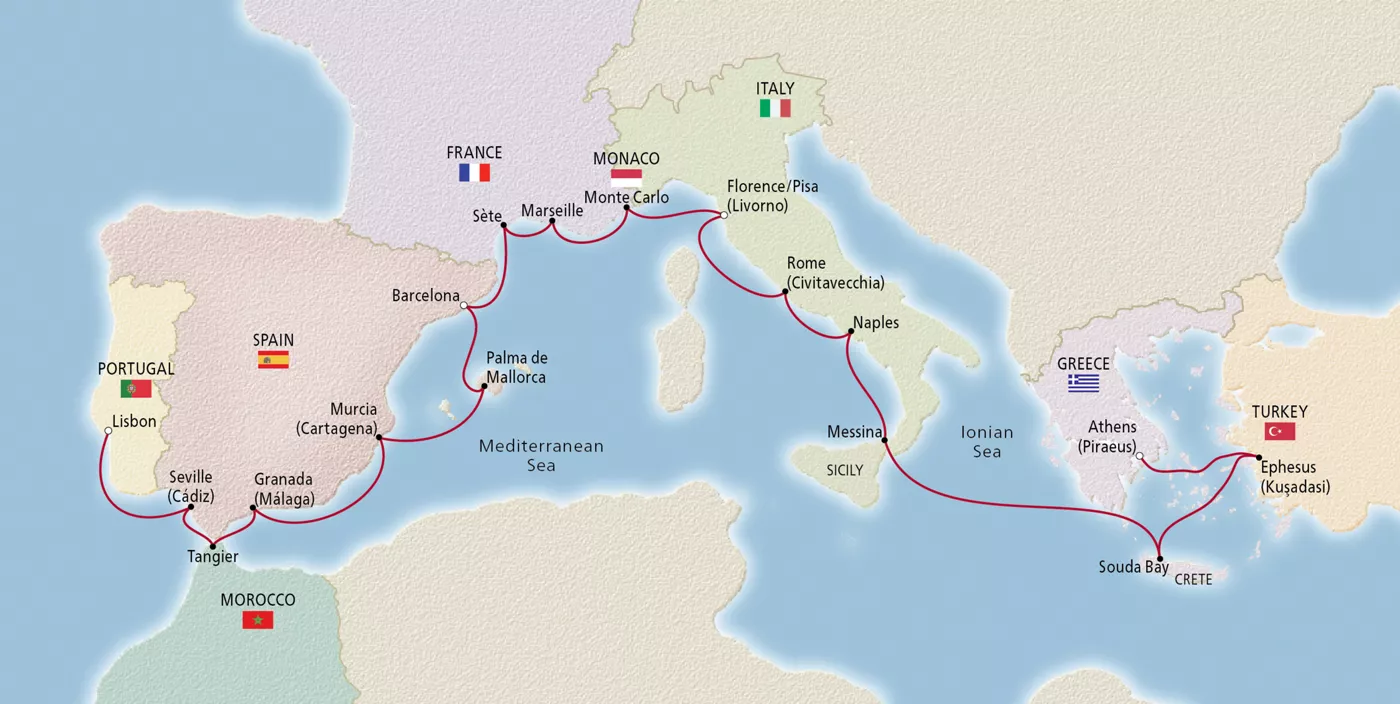 Viking Libra NEW! Iberia & Mediterranean Antiquities December 27, 2028–January 17, 2029 voyage OLI281227B official itinerary map