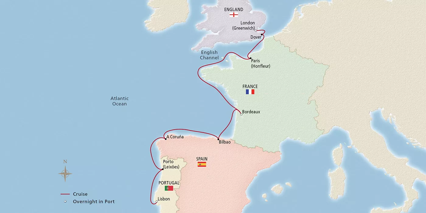 Viking Saturn NEW! Iberia, France & England Explorer April 16–27, 2028 voyage OSA280416 official itinerary map