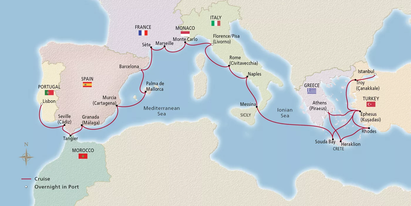 Viking Vela NEW! Iberia, the Mediterranean & Aegean January 25–February 22, 2028 voyage OVL280125C official itinerary map