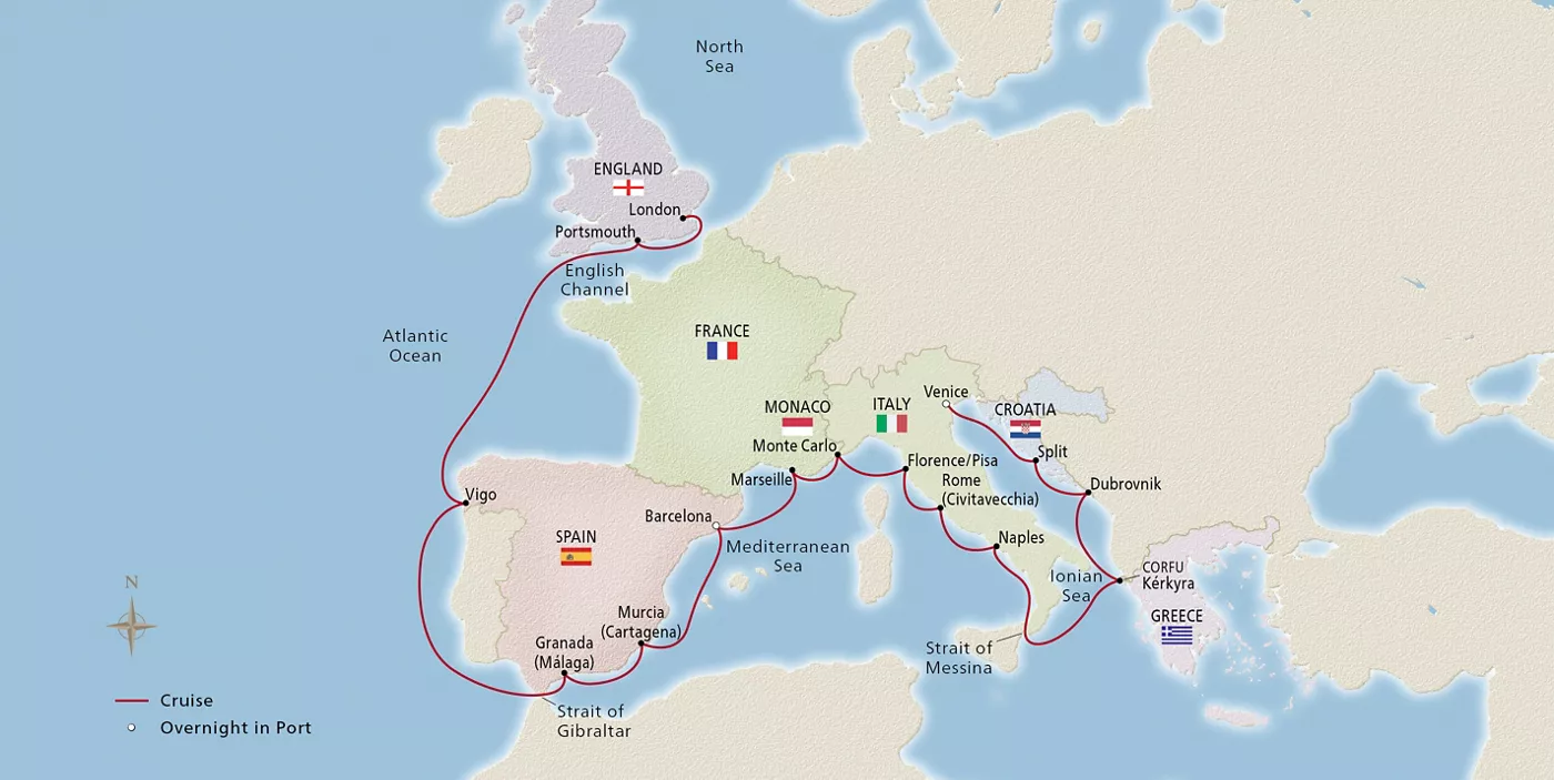 Viking Vesta NEW! Iberian & Mediterranean Odyssey September 28–October 17, 2027 voyage OVS270928A official itinerary map