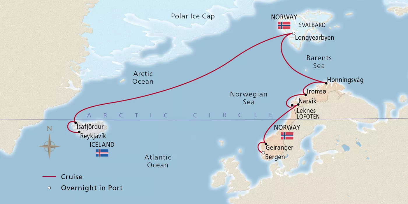 Viking Mars Iceland & Norway’s Arctic Explorer August 19–September 2, 2027 voyage OMA270819 official itinerary map