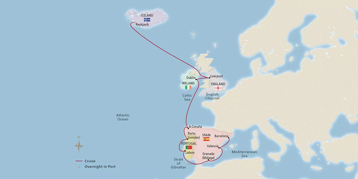 Viking Sea Iceland, British Isles & Iberia August 15–29, 2028 voyage OSE280815 official itinerary map