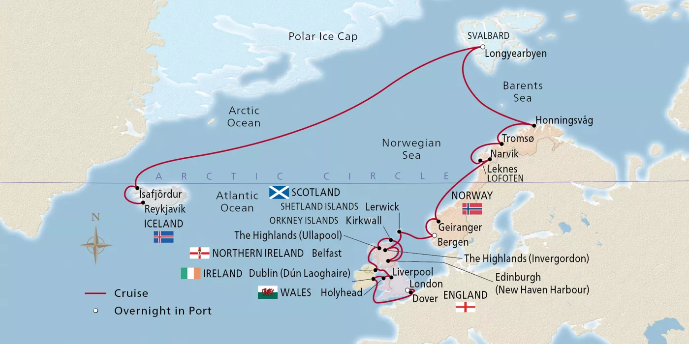 Viking Mars NEW! Iceland, Norway & British Isles August 5–September 2, 2027 voyage OMA270805A official itinerary map