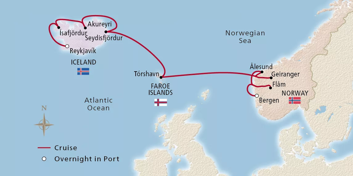 Viking Vela Iceland’s Majestic Landscapes July 23–August 4, 2027 voyage OVL270723 official itinerary map