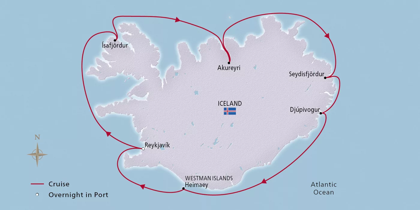 Viking Sea Iceland’s Natural Beauty July 11–18, 2028 voyage OSE280711 official itinerary map
