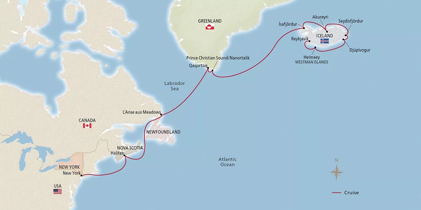 Viking Mira Iconic Iceland, Greenland & Canada August 21–September 4, 2028 voyage OMI280821 official itinerary map