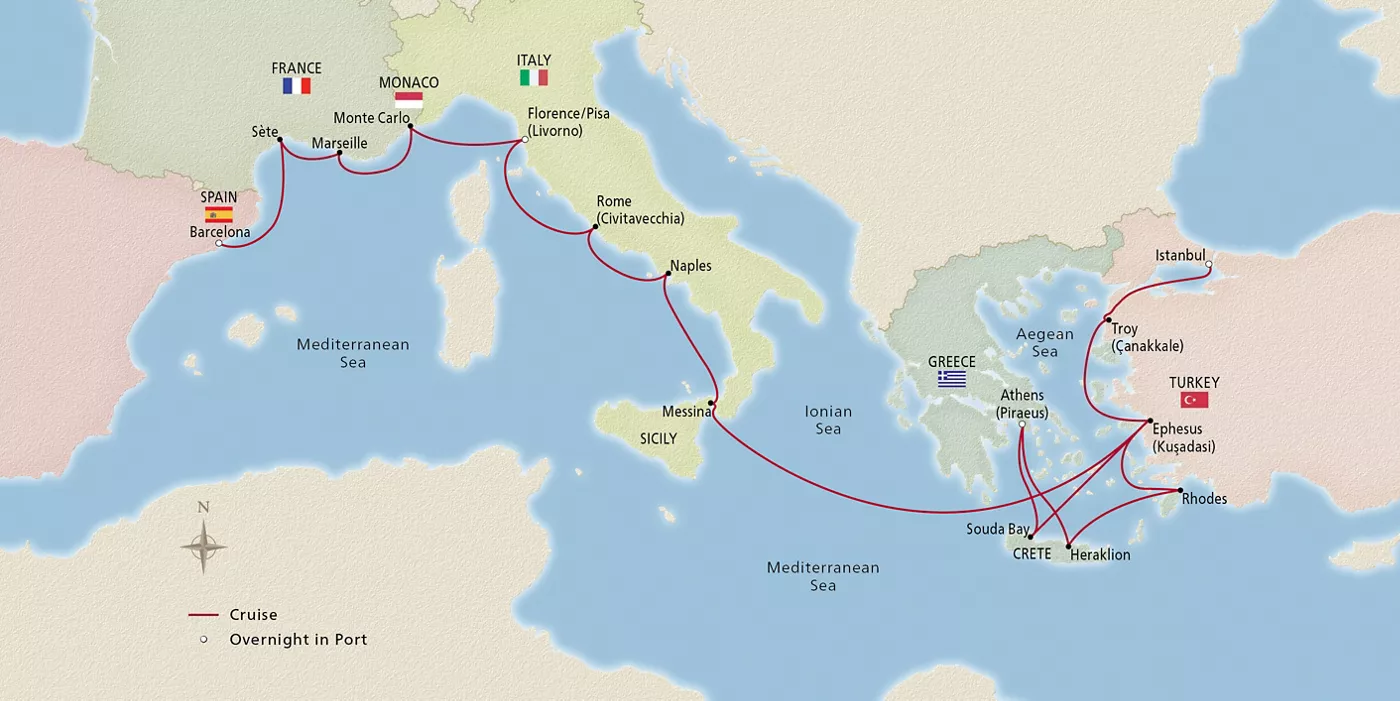Viking Mira Iconic Mediterranean Treasures January 5–26, 2028 voyage OMI280105B official itinerary map