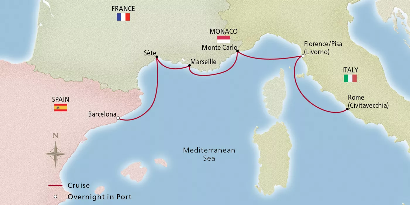 Viking Vesta Iconic Western Mediterranean September 8–15, 2026 voyage OVS260908 official itinerary map