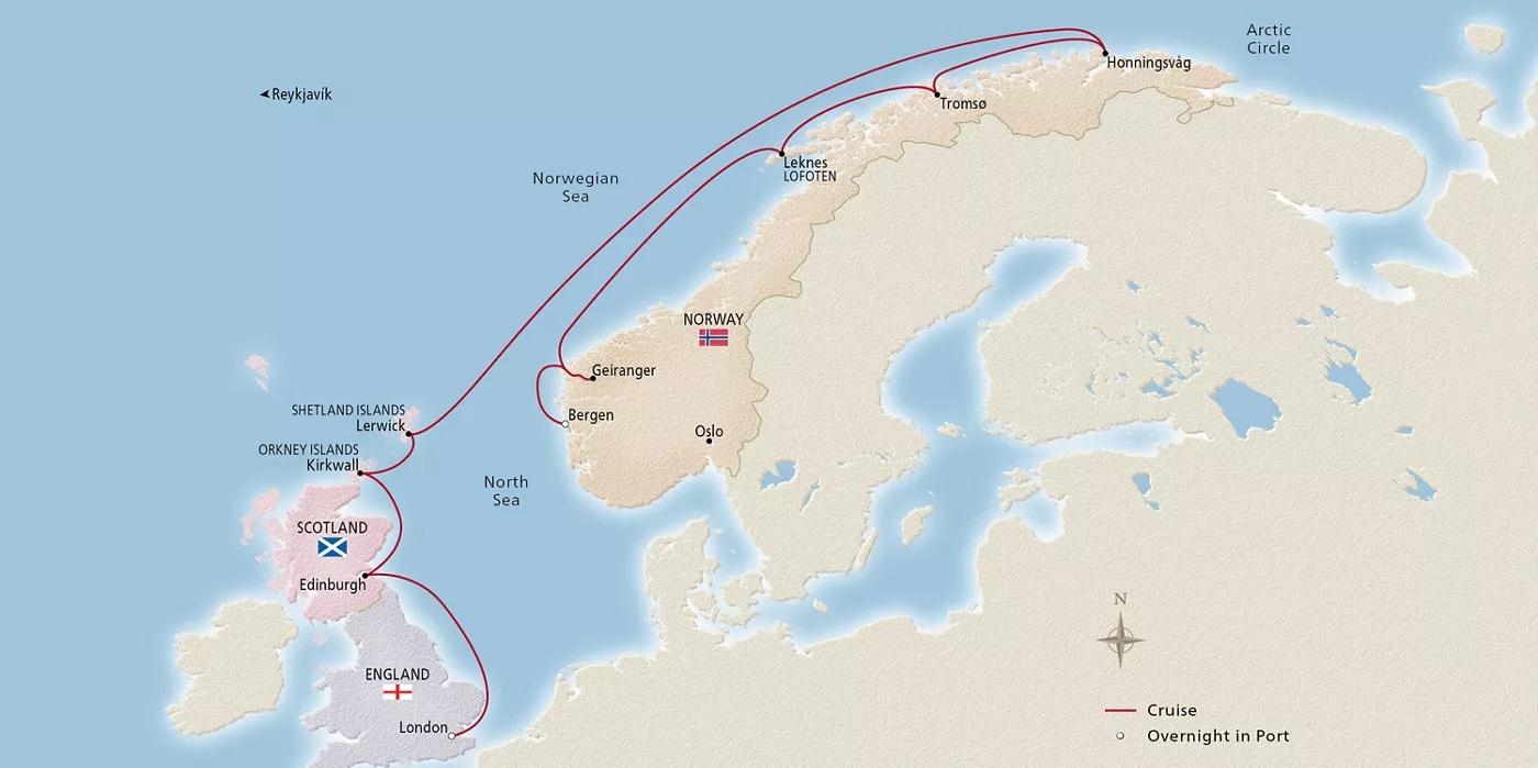 Viking Libra Into the Midnight Sun June 16–30, 2028 voyage OLI280616 official itinerary map
