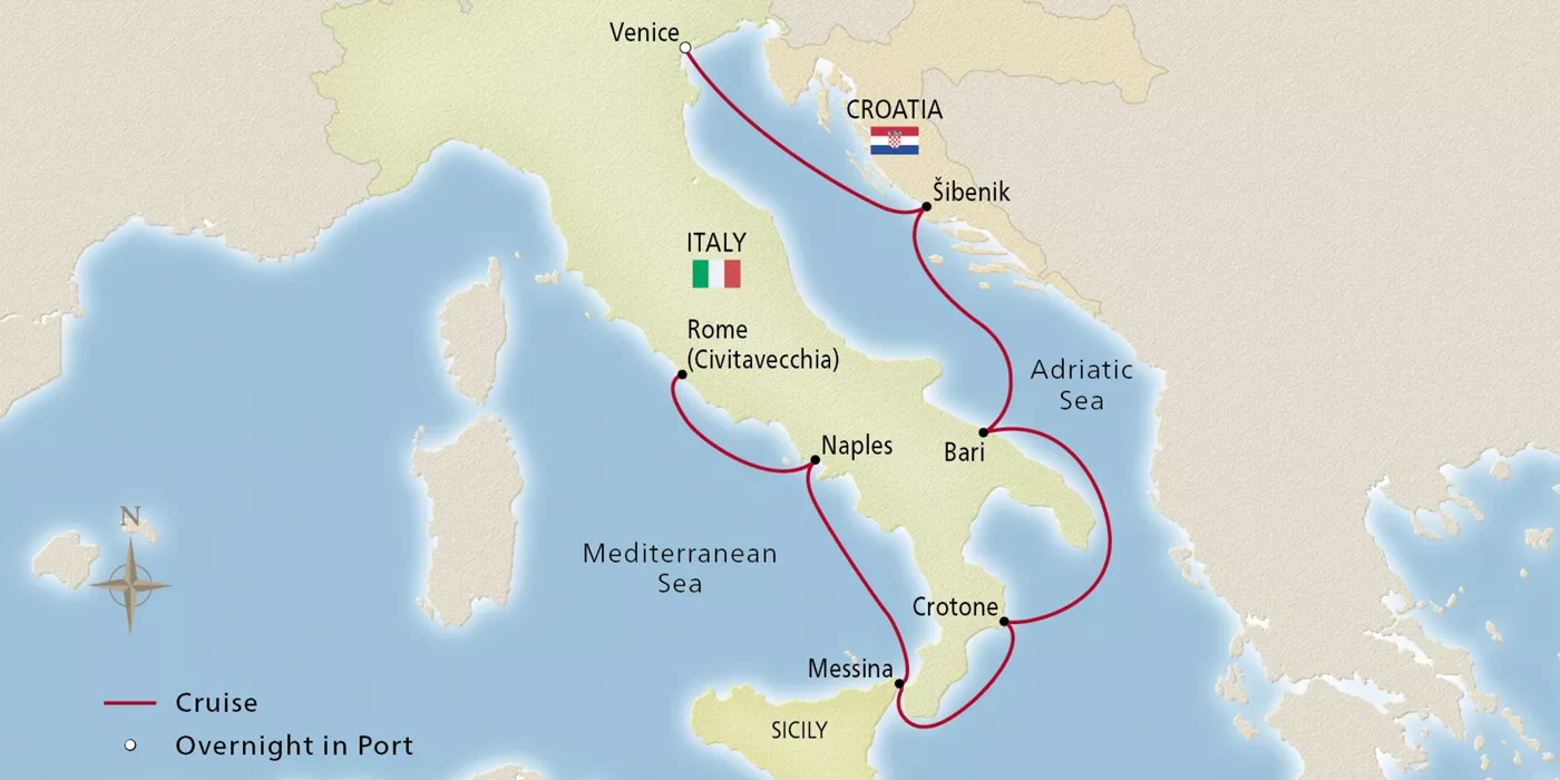 Viking Lyra Italian Sojourn March 8–15, 2029 voyage OLY290308 official itinerary map