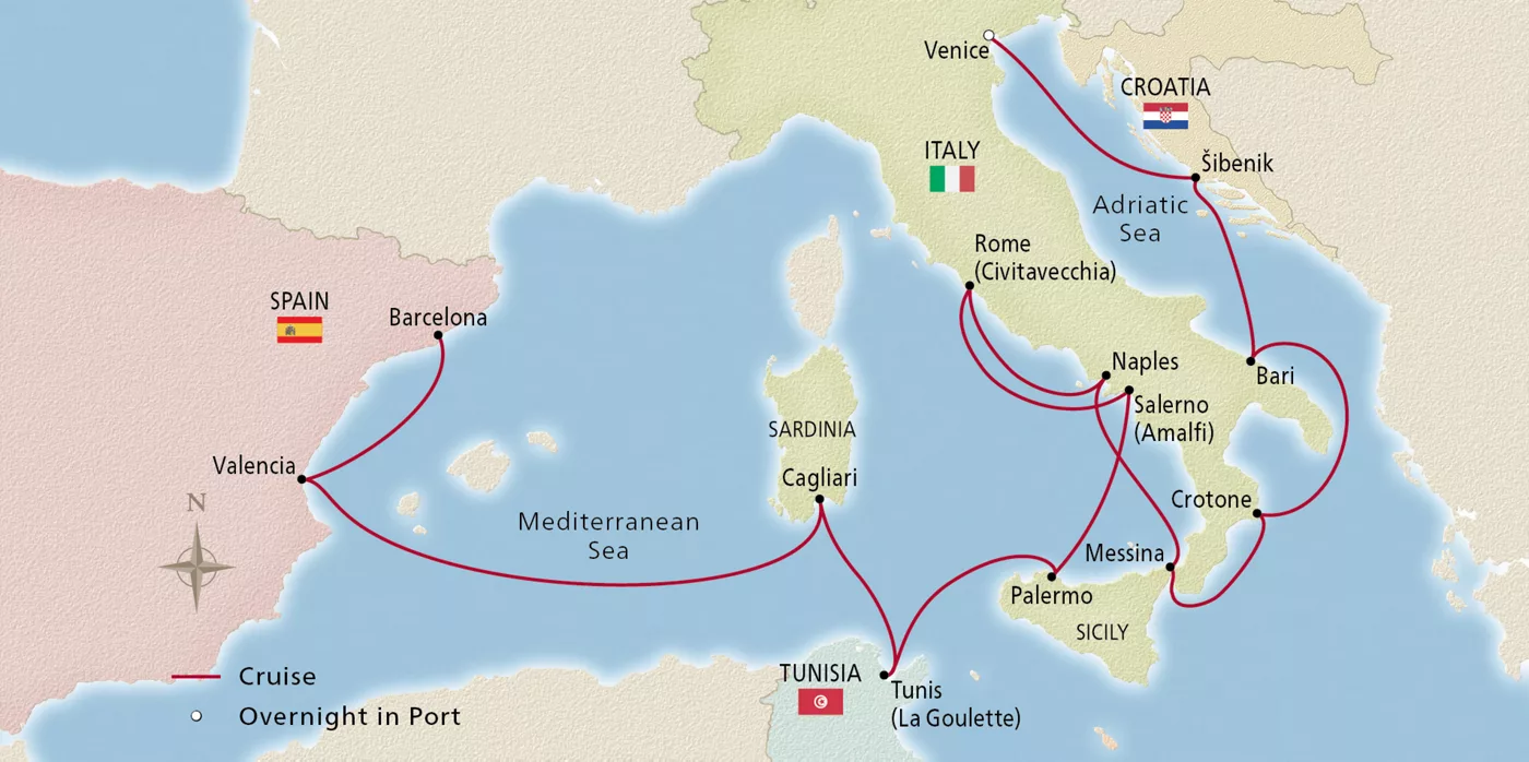 Viking Sea NEW! Italy, Africa & Iberia Discovery March 25–April 8, 2028 voyage OSE280325A official itinerary map