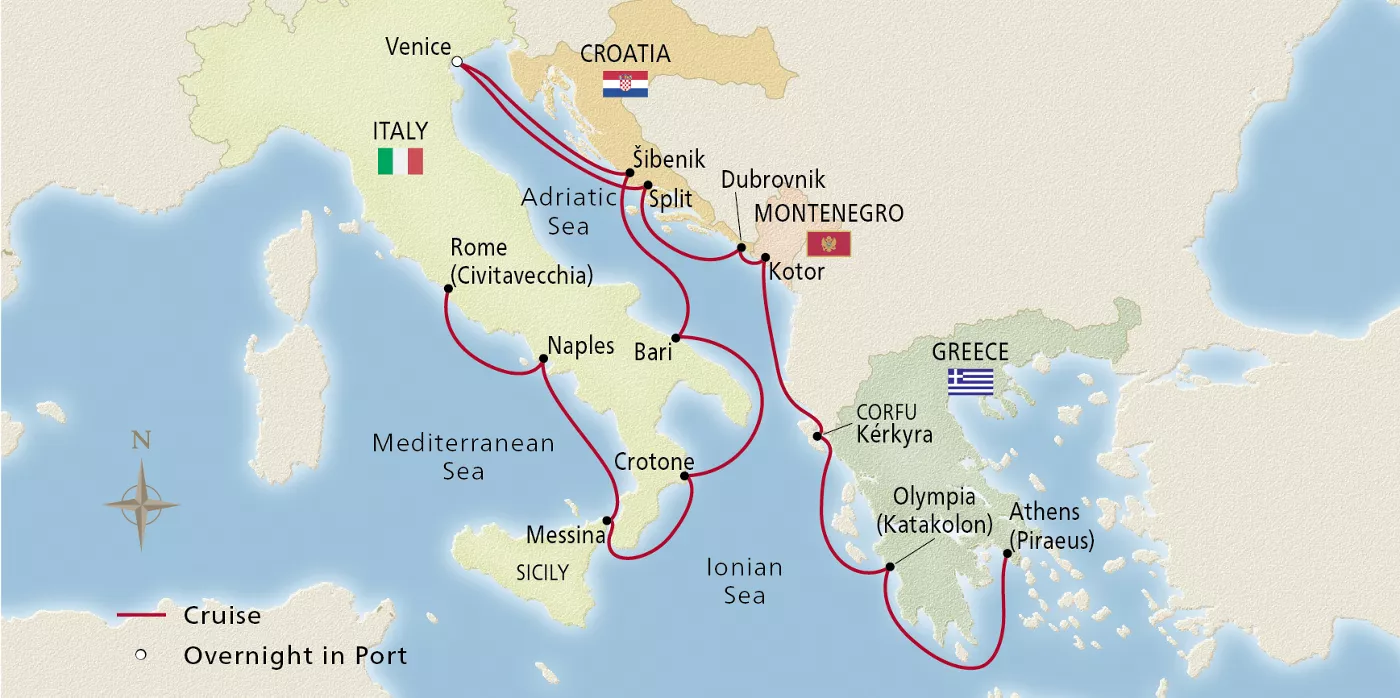 Viking Star Italy, the Adriatic & Greece April 13–27, 2028 voyage OST280413A official itinerary map