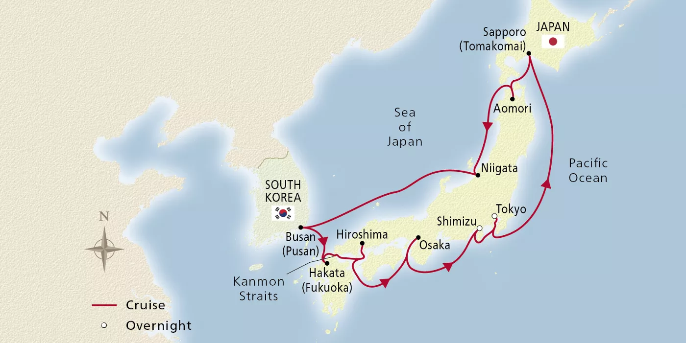 Viking Neptune NEW! Japan Discovery July 3–17, 2029 voyage ONE290703 official itinerary map