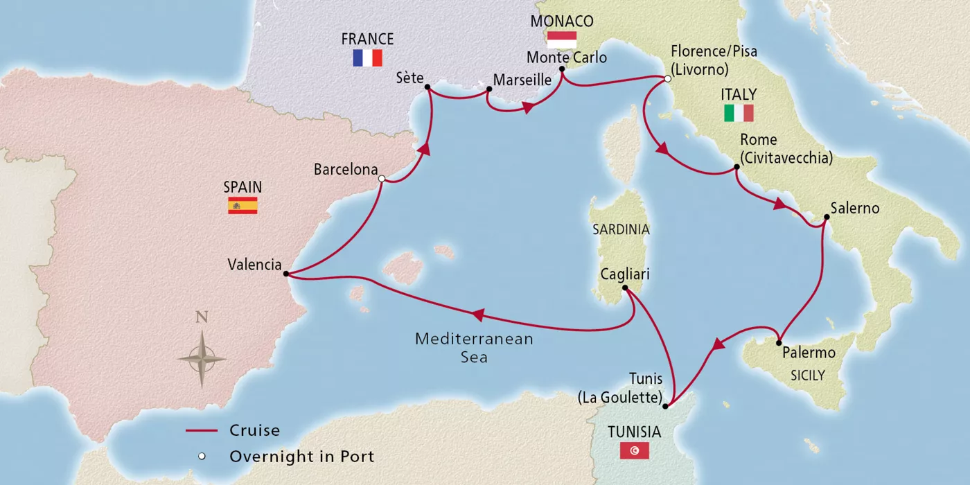 Viking Lyra NEW! Jewels of the Mediterranean January 16–30, 2029 voyage OLY290116A official itinerary map