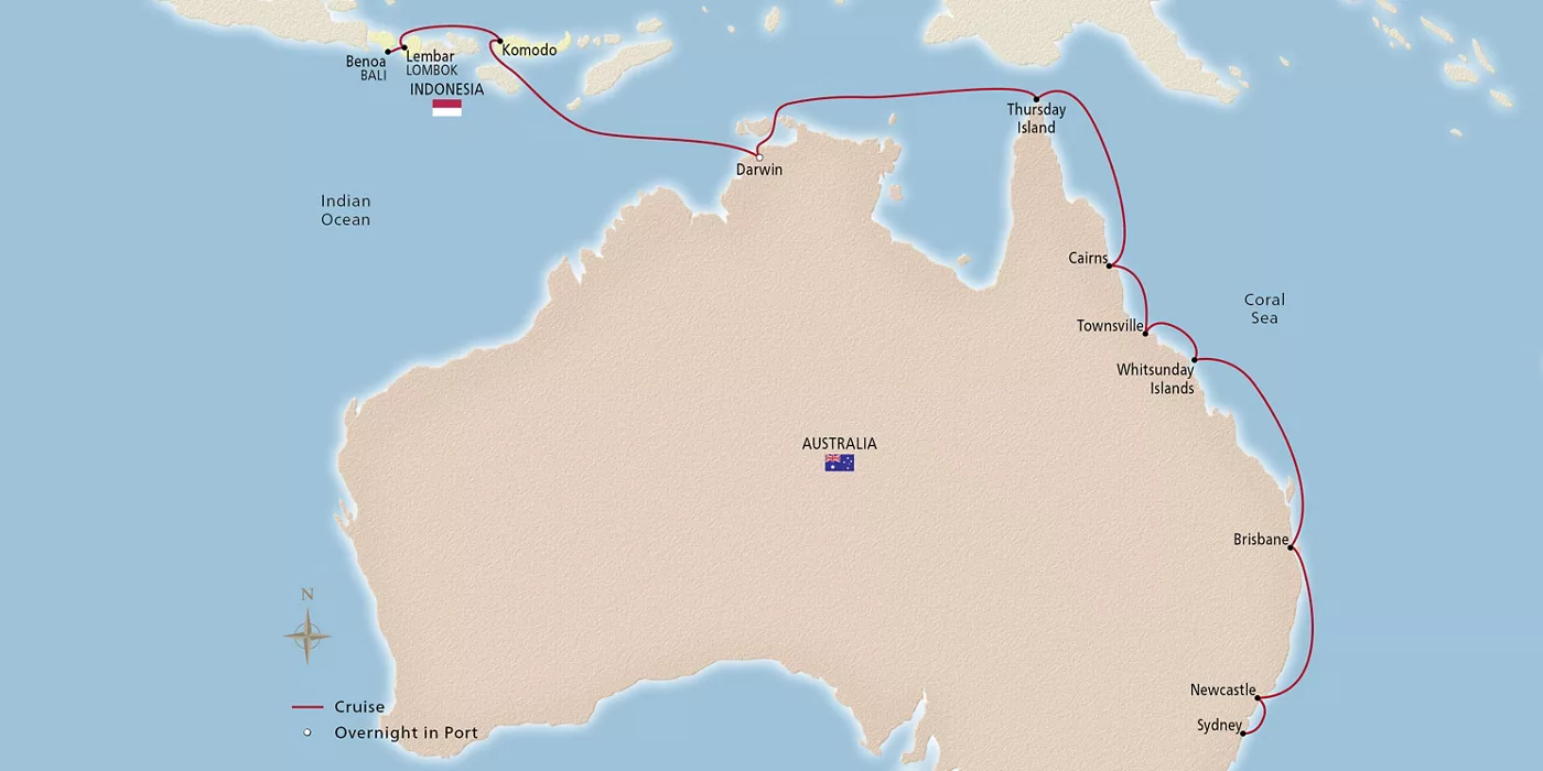 Viking Venus Komodo & the Australian Coast March 3–19, 2029 voyage OVE290303 official itinerary map