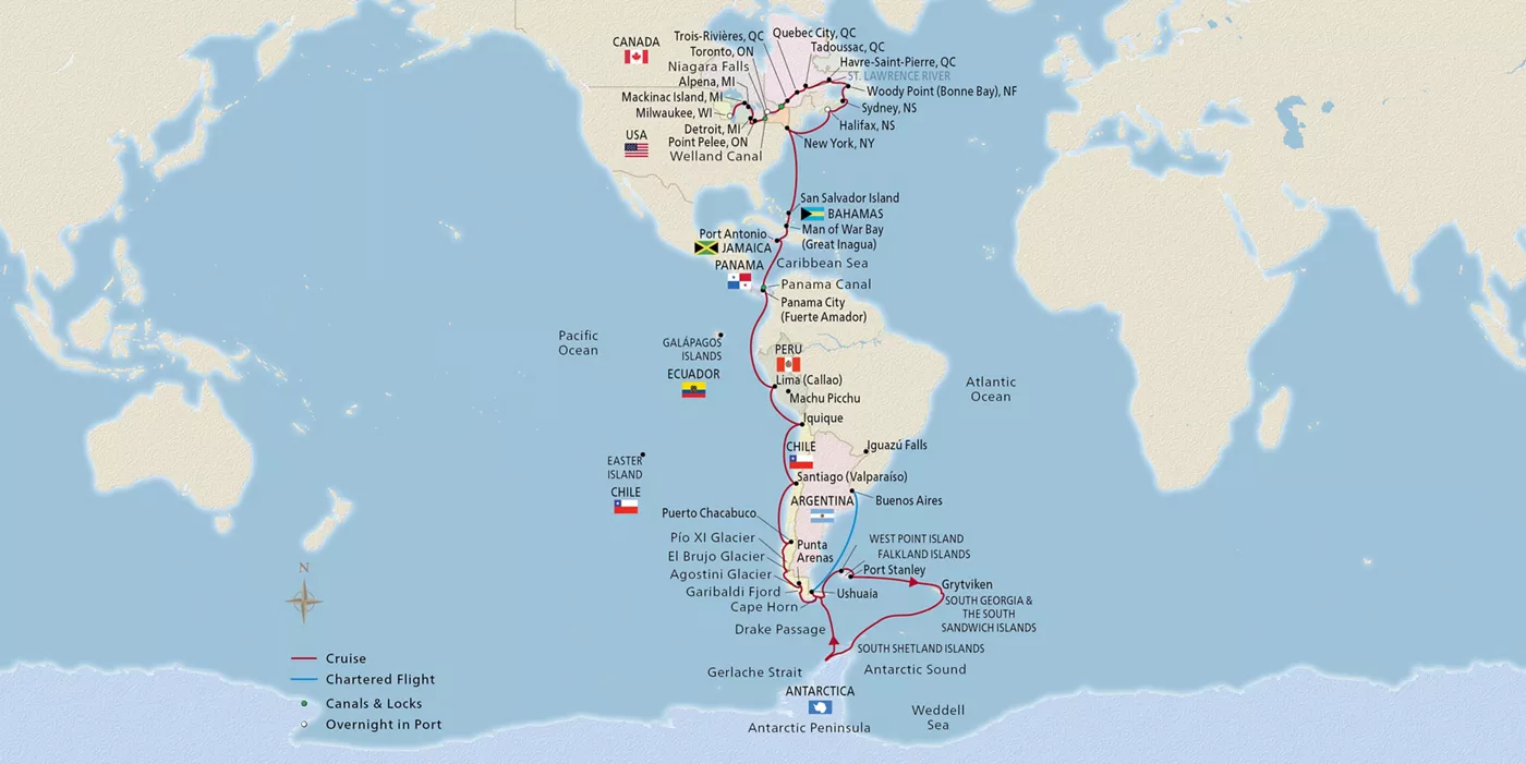 Viking Octantis Longitudinal World Cruise VI March 2–May 9, 2027 voyage XOC270303D official itinerary map