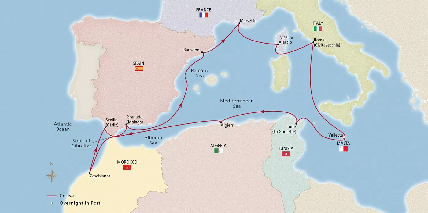 Viking Saturn Malta, Morocco & the Mediterranean January 24–February 8, 2027 voyage OSA270124 official itinerary map