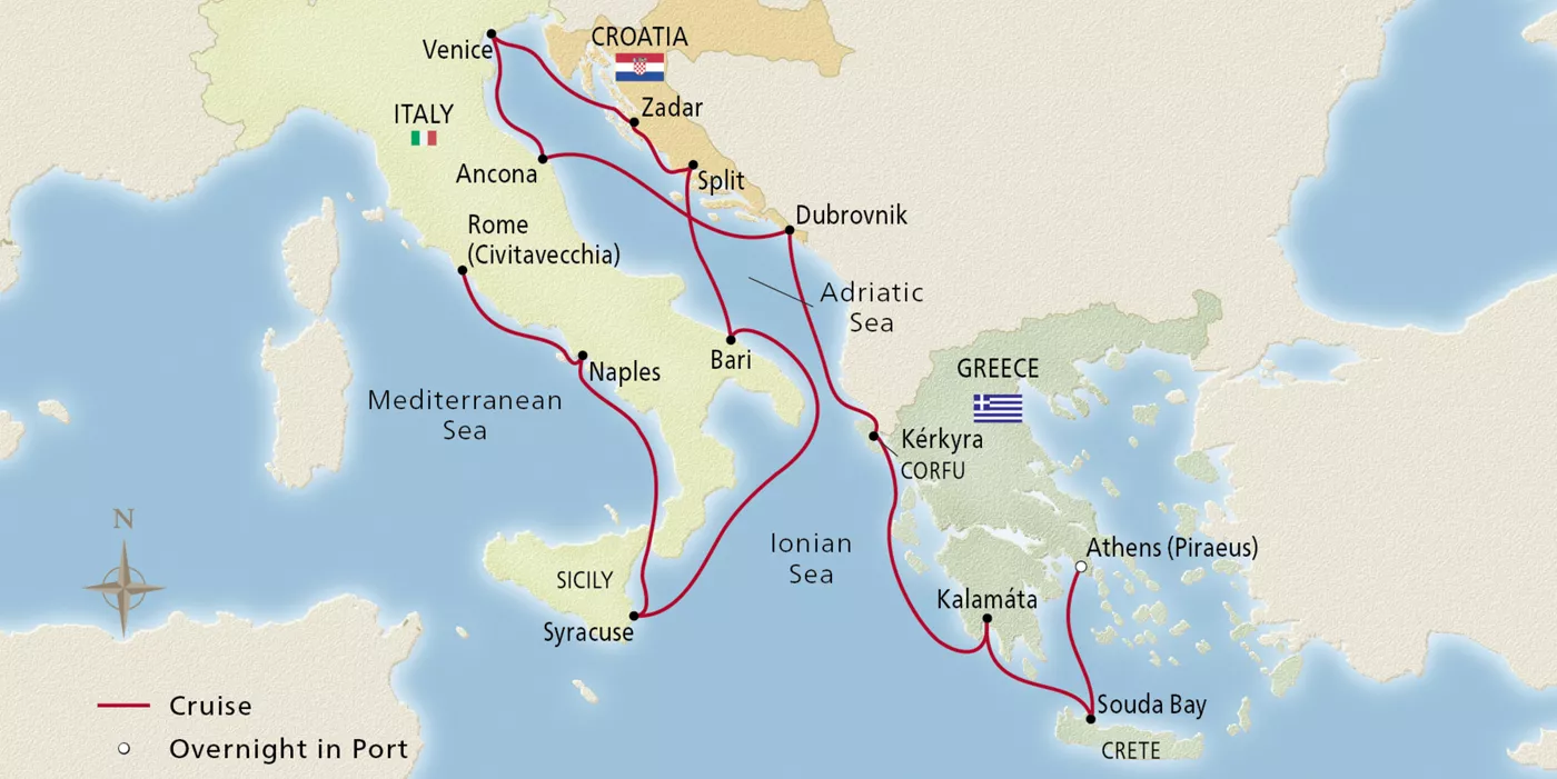 Viking Star NEW! Mediterranean & Adriatic Odyssey February 7–21, 2028 voyage OST280207 official itinerary map