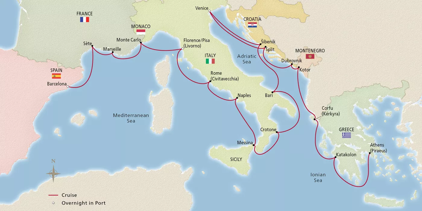 Viking Mira Mediterranean & Adriatic Sojourn March 9–30, 2028 voyage OMI280309B official itinerary map