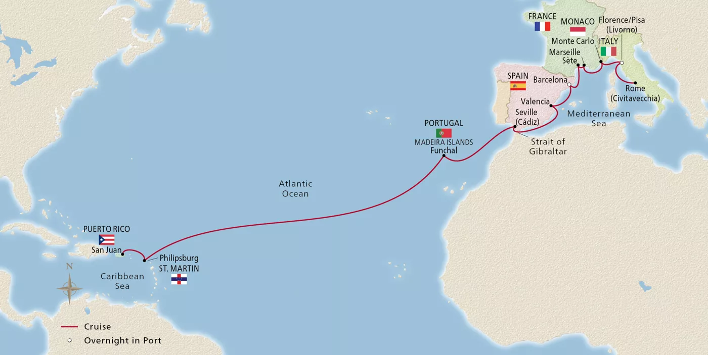 Viking Sea NEW! Mediterranean & Atlantic Crossing March 6–26, 2027 voyage OSE270306A official itinerary map