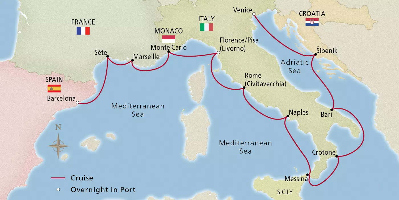 Viking Sea Mediterranean & Italian Sojourn March 15–29, 2029 voyage OSE290315A official itinerary map