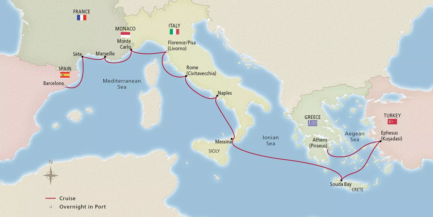 Viking Libra Mediterranean Antiquities December 13–27, 2026 voyage OLI261213A official itinerary map