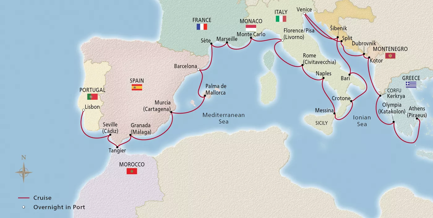 Viking Jupiter NEW! Mediterranean Explorer September 23–October 21, 2028 voyage OJU280923C official itinerary map