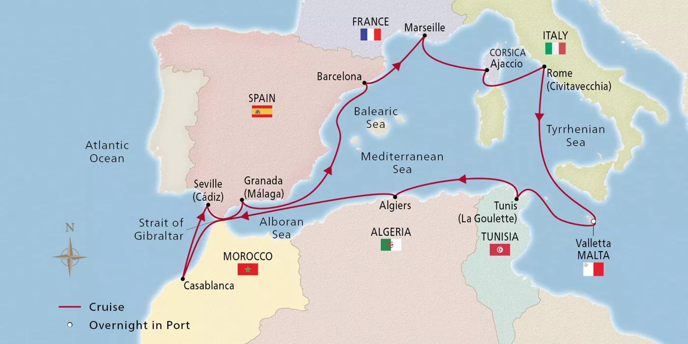 Viking Lyra NEW! Mediterranean, Malta & North Africa March 15–30, 2029 voyage OLY290315 official itinerary map