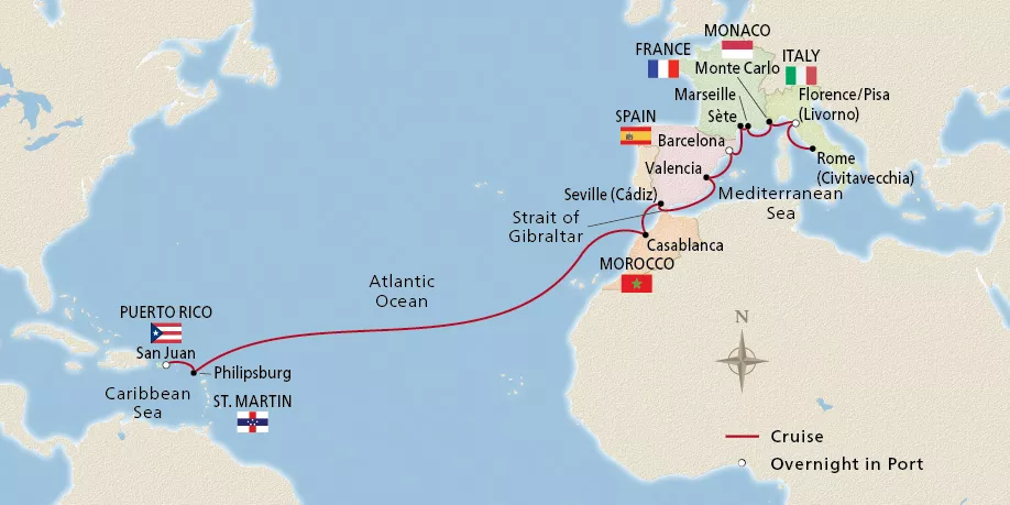 Viking Sea Mediterranean to Caribbean Sojourn March 1–22, 2029 voyage OSE290301A official itinerary map
