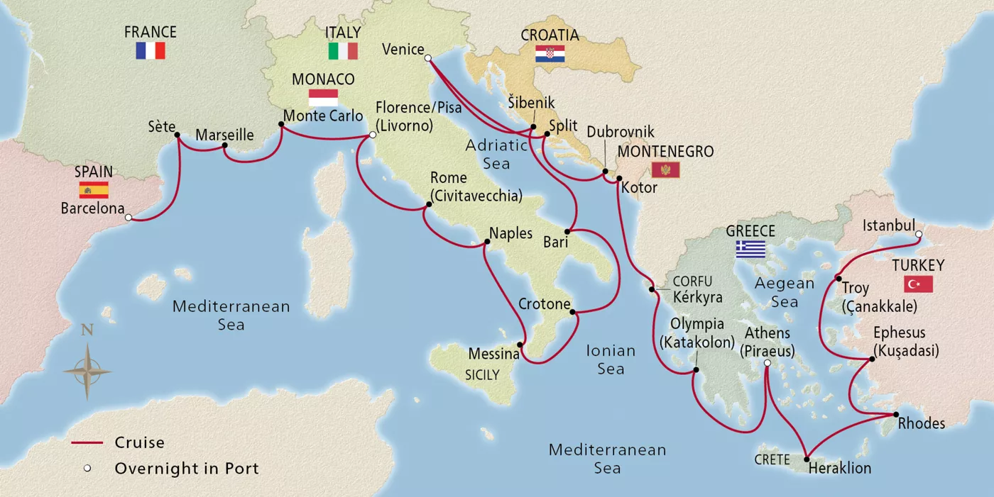 Viking Jupiter Mediterranean’s Iconic Shores September 25–October 23, 2027 voyage OJU270925C official itinerary map