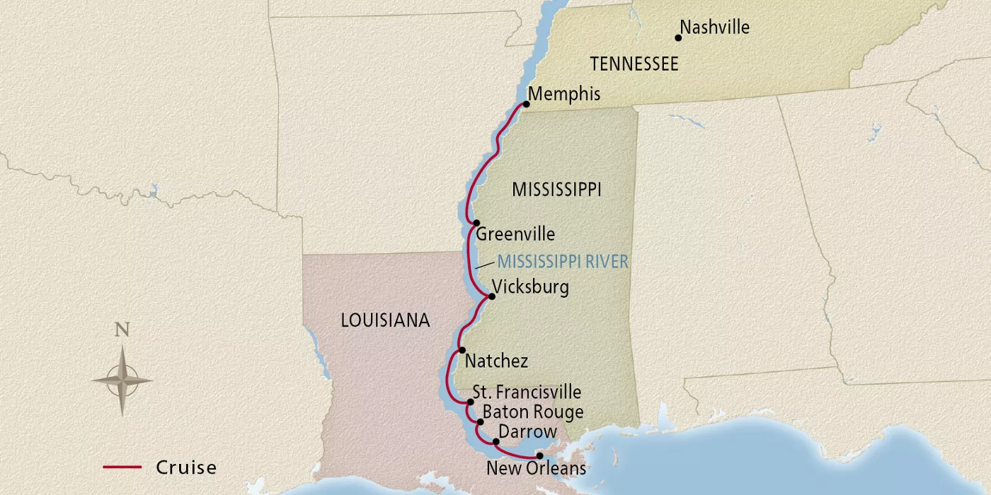 Viking Mississippi Mississippi Delta Explorer February 2–9, 2027 voyage MSP270202 official itinerary map