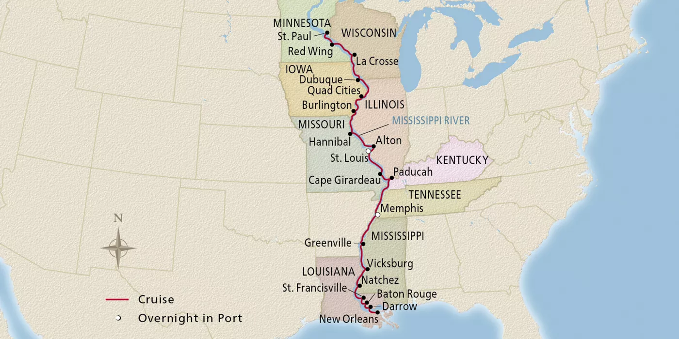 Viking Mississippi Mississippi River Odyssey August 10–31, 2027 voyage MSP270810A official itinerary map