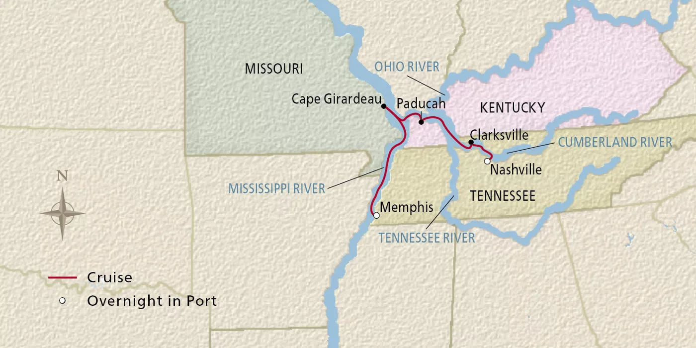 Viking Mississippi Nashville, Memphis & the Cumberland November 10–17, 2026 voyage MSP261110 official itinerary map