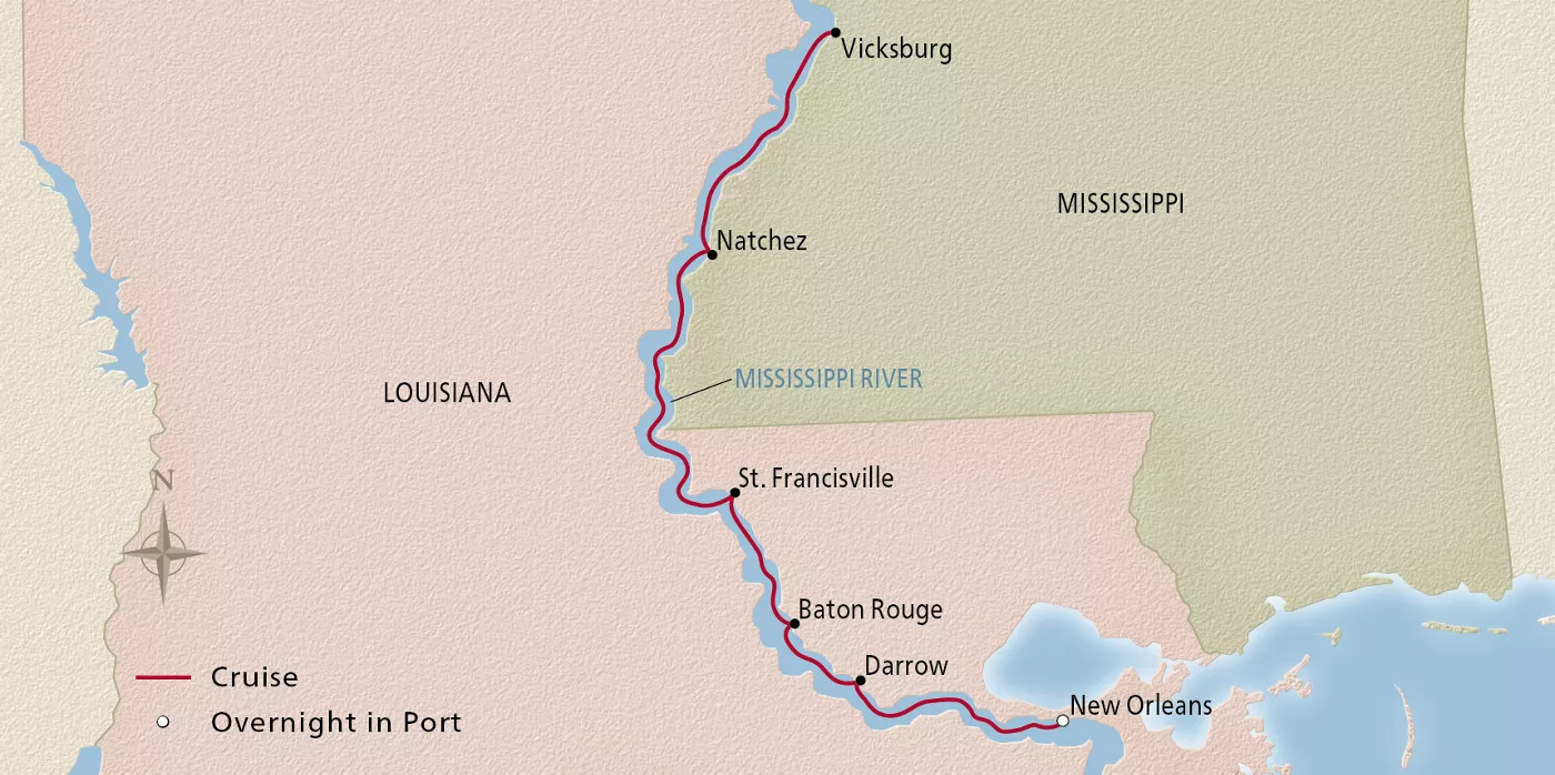 Viking Mississippi New Orleans & Southern Charms December 21–28, 2027 voyage MSP271221 official itinerary map