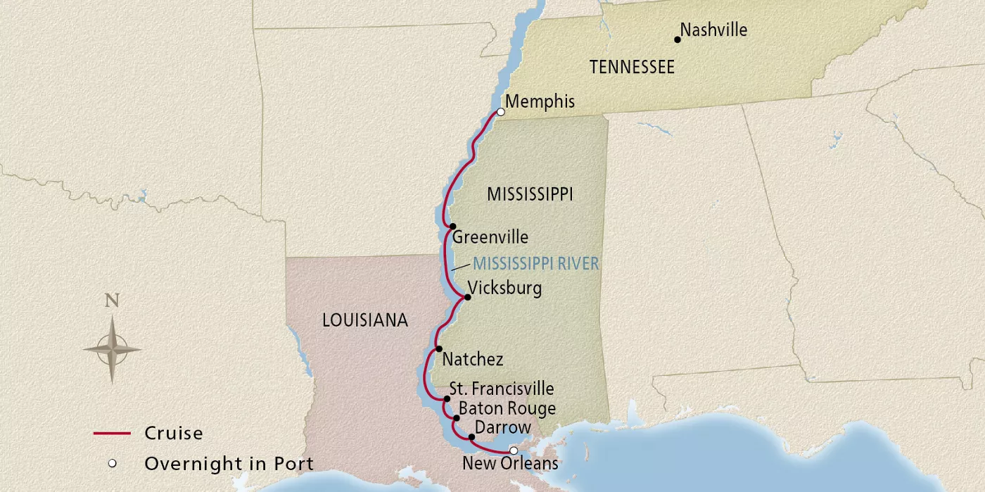 Viking Mississippi New Orleans to Memphis October 17–27, 2026 voyage MSP261017 official itinerary map