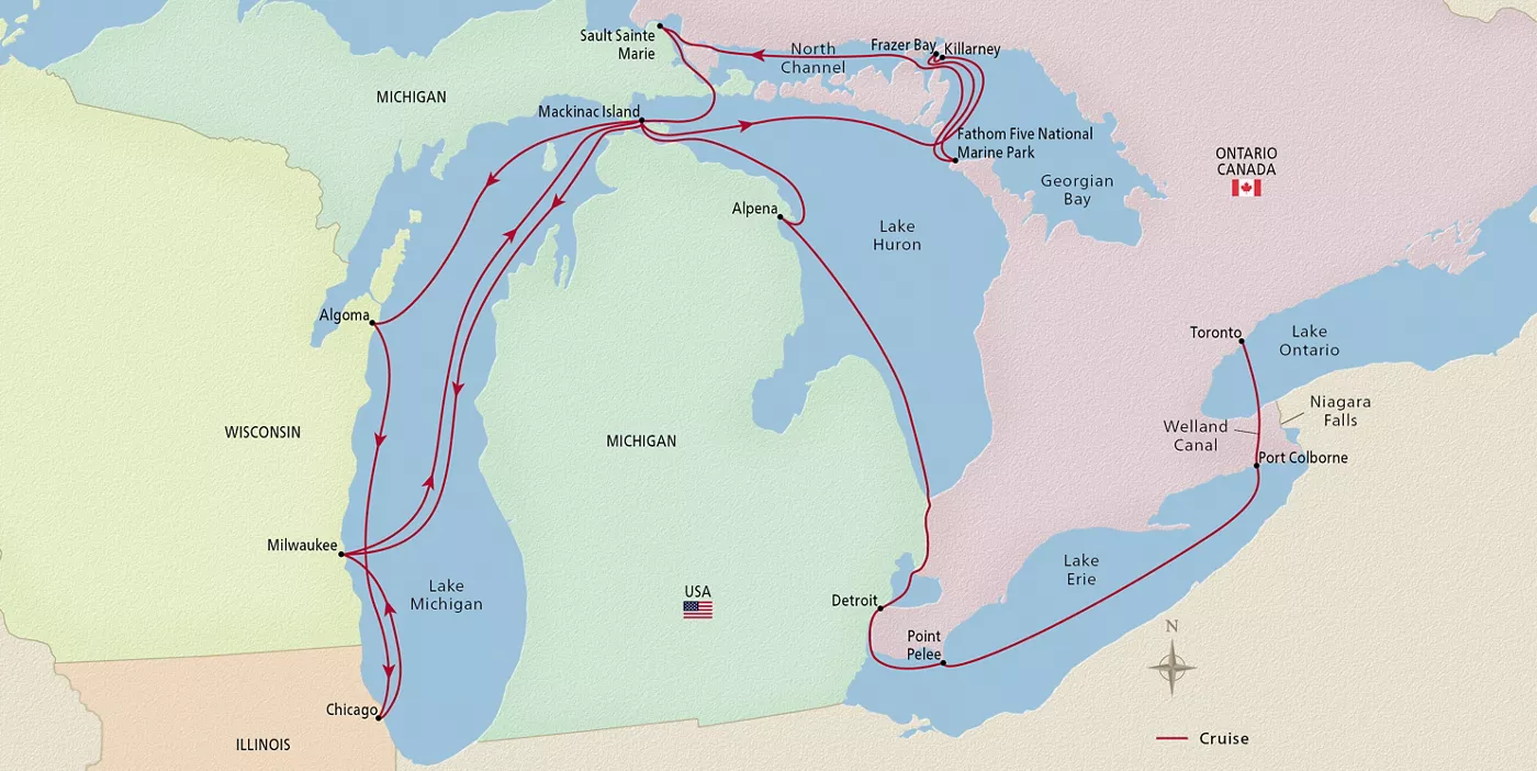 Viking Octantis NEW! Niagara & Great Lakes Treasures September 7–23, 2026 voyage XOC260907A official itinerary map